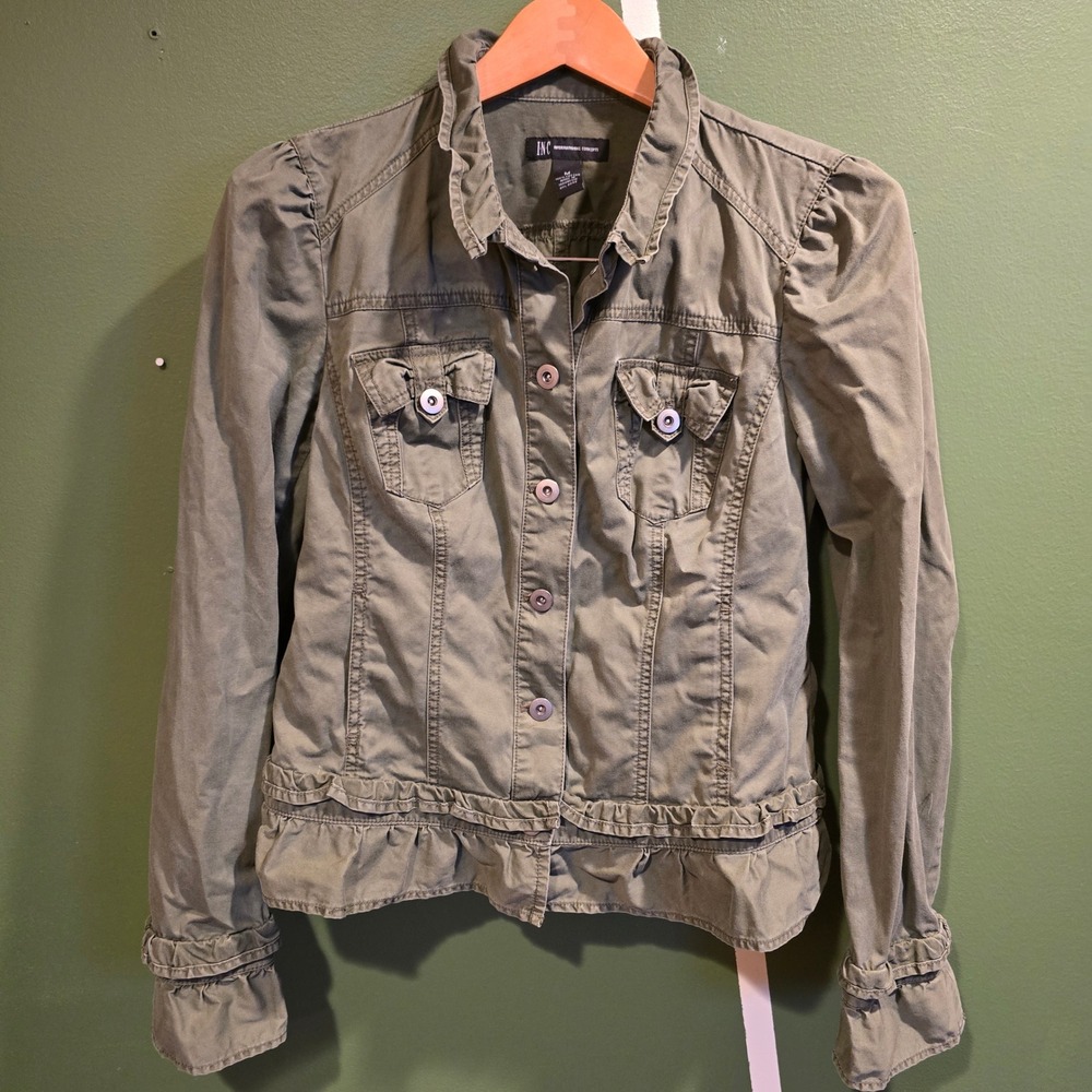 INC International Concepts Olive Green Ruffle Denim Jacket Women Size M Y2K